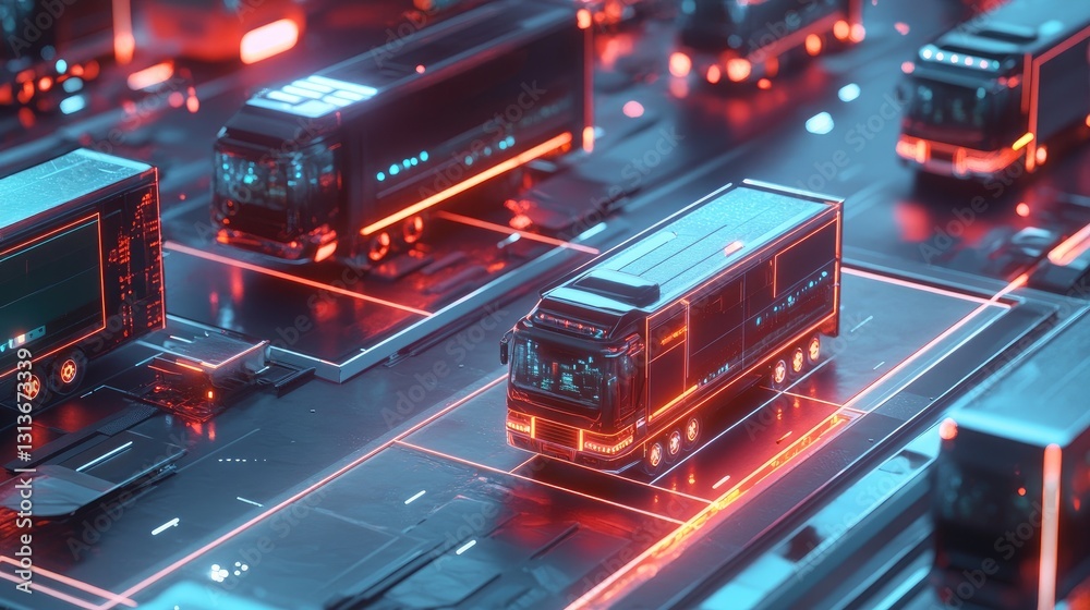 Poster glowing lines and squares connecting futuristic delivery trucks, forming an integrated network of fa