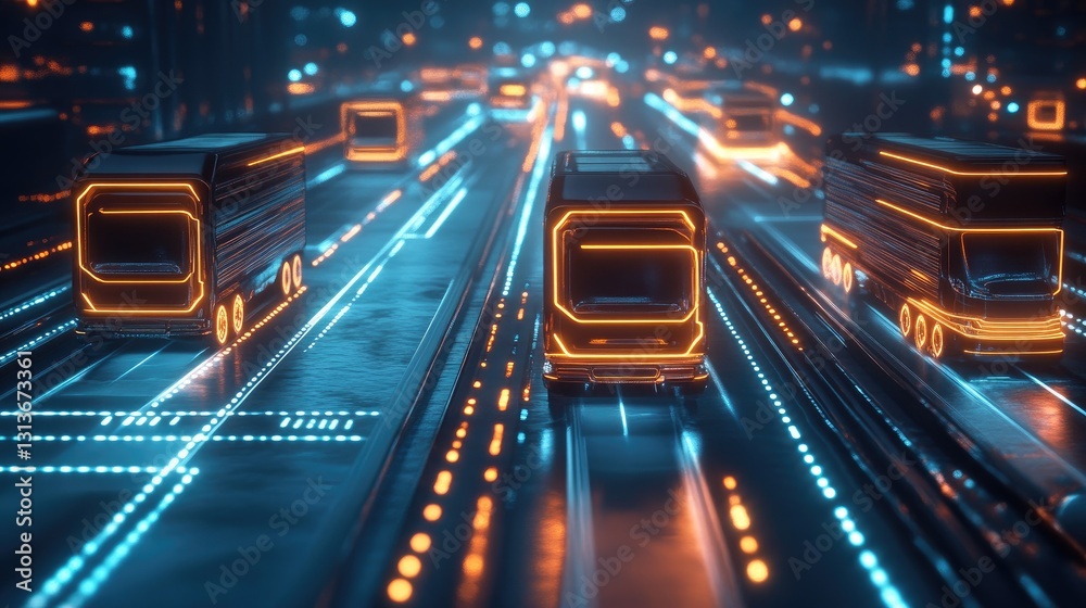Poster Glowing lines and squares connecting futuristic delivery trucks, forming an integrated network of fast and efficient transport technology in a modern city setting.
