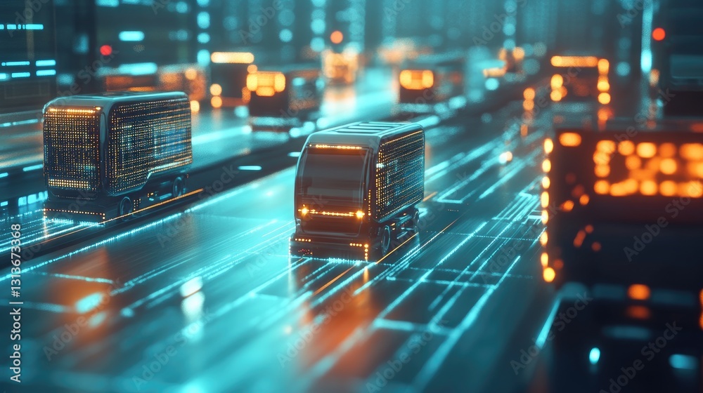Poster glowing lines and squares connecting futuristic delivery trucks, forming an integrated network of fa