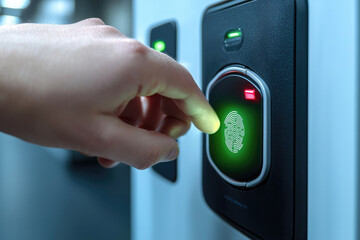 Naklejka premium hand using biometric fingerprint scanner for secure access