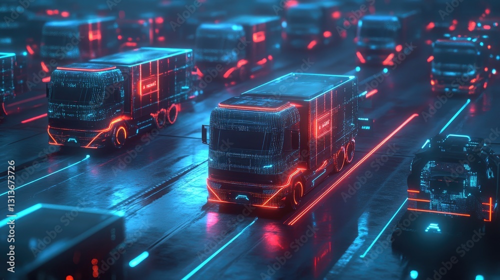 Poster High-tech futuristic trucks connected through glowing lines and square interfaces, showcasing the evolution of delivery systems with digital interconnectivity