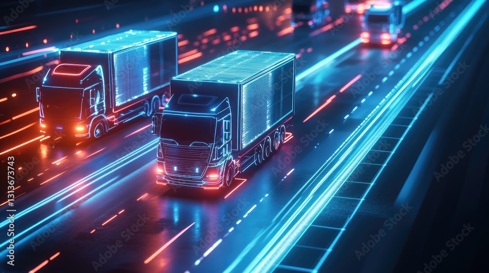 Poster High-tech futuristic trucks connected through glowing lines and square interfaces, showcasing the evolution of delivery systems with digital interconnectivity