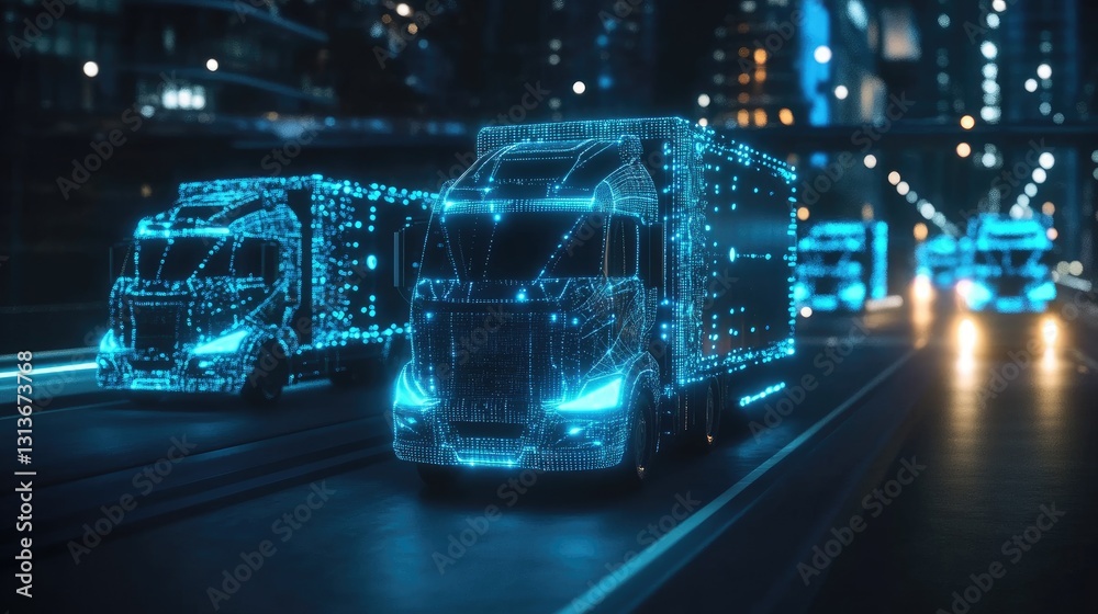 Poster high-tech futuristic trucks connected through glowing lines and square interfaces, showcasing the ev