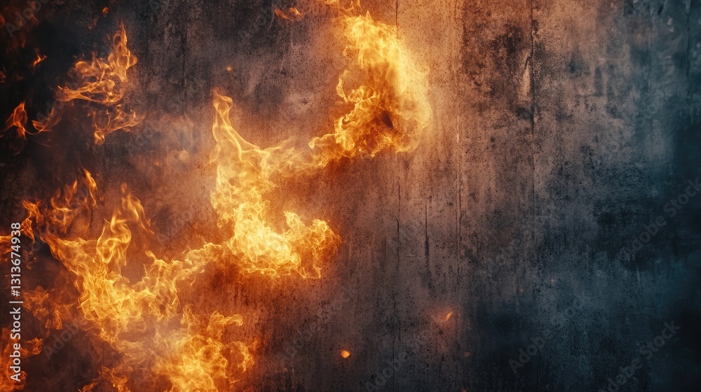 Poster realistic fire and smoke curling around a blank concrete backdrop, creating a fiery, intense atmosph