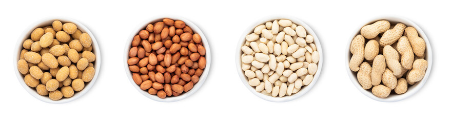 Bowls with red and white peanuts nuts isolated on white background.Top view.