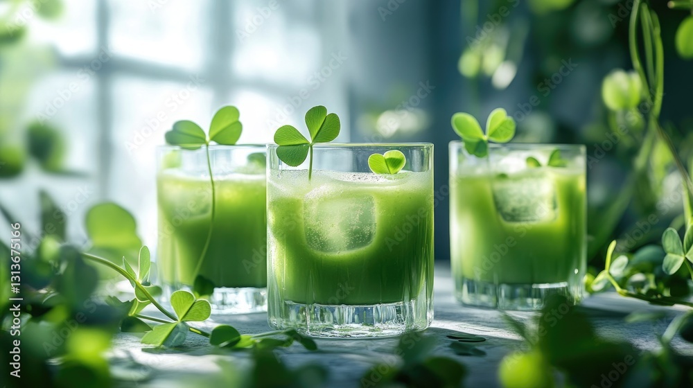 Poster refreshing green juice served in glasses with clover leaves floating on top, set in a fresh, natural