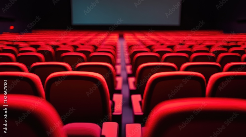 Poster Rows of empty red cinema seats in front of a blank movie screen, creating a calm, empty atmosphere waiting for the next show.