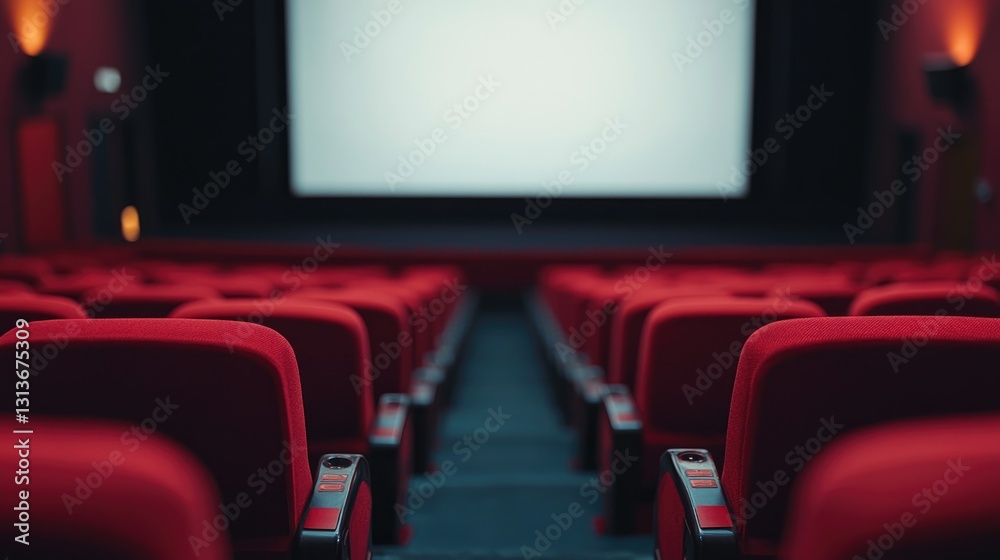 Poster Rows of empty red cinema seats in front of a blank movie screen, creating a calm, empty atmosphere waiting for the next show.