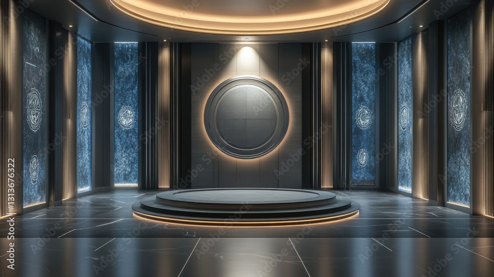 Poster symmetrical 3d design with a large circular podium in the center, surrounded by led screens showcasi