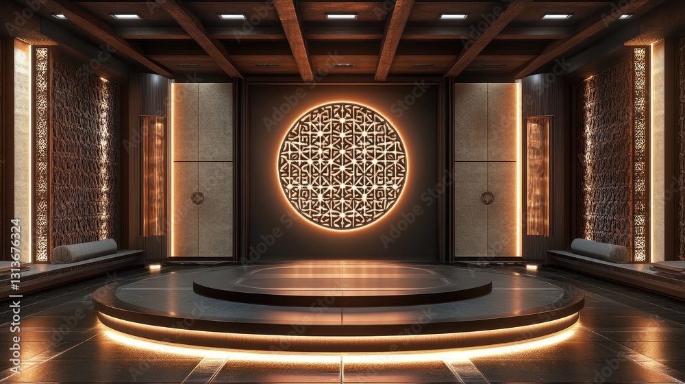 Poster symmetrical 3d design with a large circular podium in the center, surrounded by led screens showcasi