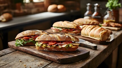 Freshly Made Sandwiches on Wooden Cutting Board in Rustic Kitchen