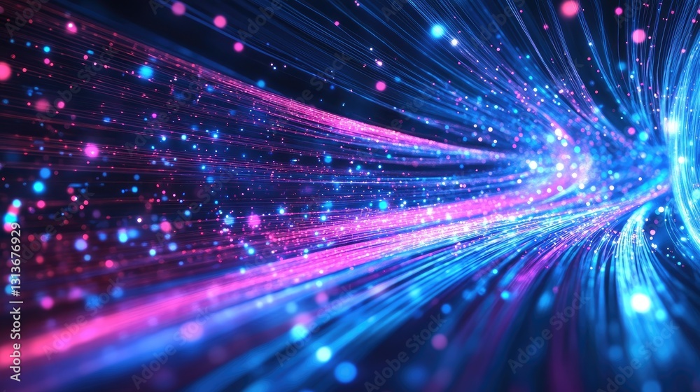 Poster vibrant light signals travel through high-speed fiber optic cables in a dark setting, highlighting t