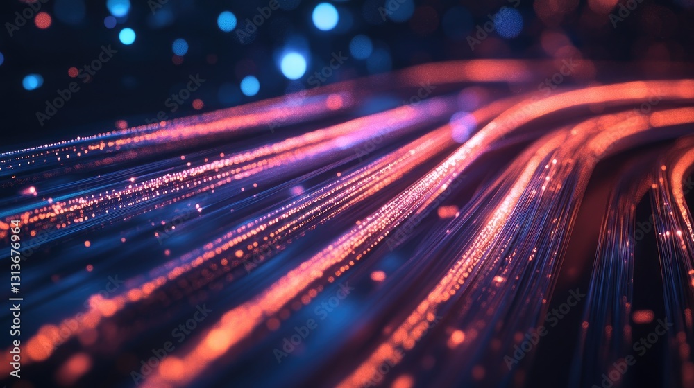 Poster vibrant light signals travel through high-speed fiber optic cables in a dark setting, highlighting t