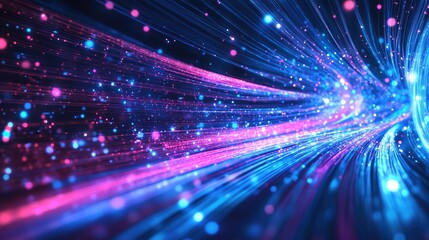 Fototapeta premium Vibrant light signals travel through high-speed fiber optic cables in a dark setting, highlighting the rapid transmission of data in a digital network.