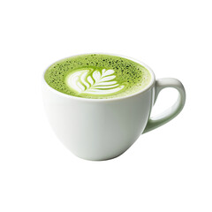 A beautifully crafted cup of matcha tea showcasing intricate latte art, radiating freshness and vibrant green hues, inviting you to savor every delightful sip and experience peace.