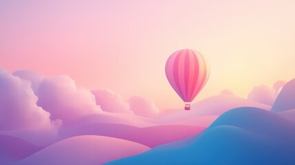 Fototapeta premium Colorful hot air balloon soaring above soft pastel clouds during serene sunrise in a dreamy landscape with gentle hills and warm light