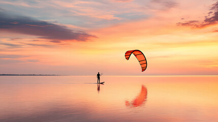 Silhouette Kitesurfer at Sunset on Calm Sea