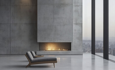 modern living room featuring concrete walls, large windows, and cozy fireplace. minimalist design creates serene atmosphere, perfect for relaxation and enjoying city views