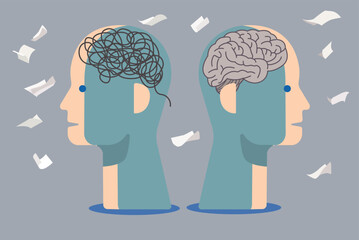 Organizing thoughts and decluttering mind represented by two heads. Psychology. Mental health
