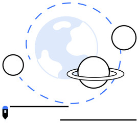 Earth globe in focus with Saturn and two orbiting planets, dashed circular orbit lines. Ideal for space, exploration, science, education, universe, astronomy innovation themes. Flat simple metaphor