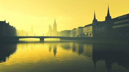 Misty sunrise over city river, bridge, buildings; travel postcard
