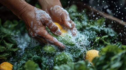 Fototapeta premium Hands Washing Vegetables With Water And Soapy Bubbles