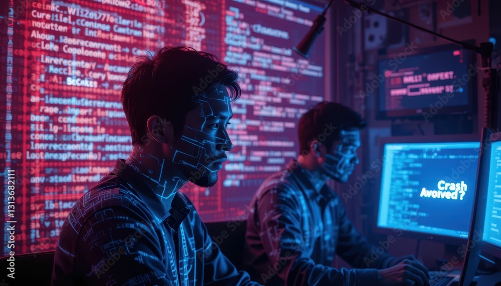 Poster dual programmers analyzing data on screens in neon cyber environment