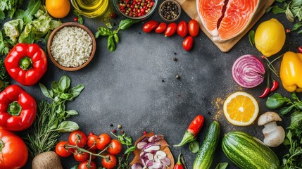 Five essential food groups displayed on a table with fresh ingredients, top-down perspective