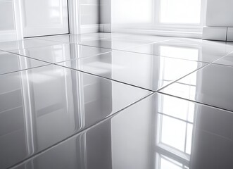 Obraz premium Reflective modern floor tiles in a bright interior with natural light showcasing clean lines and minimalist design aesthetics in contemporary home setting.