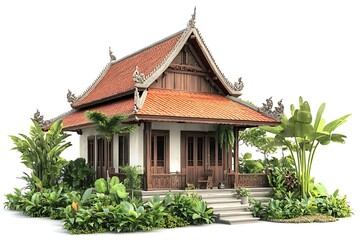 Exquisite Traditional Asian Wooden House with Lush Tropical Garden