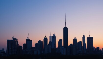 Fototapeta premium Urban Skyline Silhouette Against Twilight Sky with Towering Skyscrapers