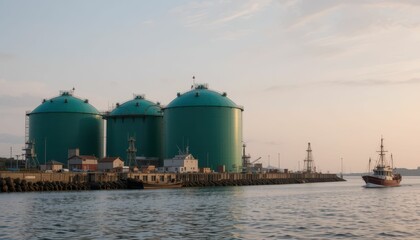 Obraz premium Green Gas Storage Tanks by the Water at Sunset with Fishing Boat