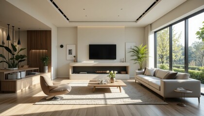 Fototapeta premium Modern Living Room with Bright Natural Light and Minimalist Design