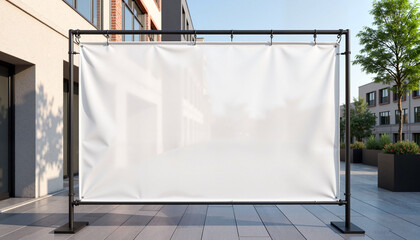 A blank white mesh banner mockup displayed on a metal frame in an outdoor urban courtyard. The industrial surroundings create a modern, professional setting for event branding advertising.