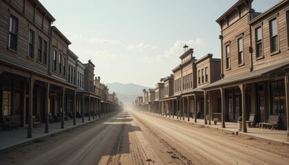 Abandoned Wild West Town with Dusty Street and Mountain Backdrop