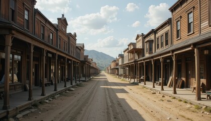 Obraz premium Historic Old West Town Street with Wooden Buildings and Dusty Road