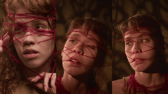 Split screen of confused Caucasian curly-haired young woman having red wool threads around her head fearfully looking around