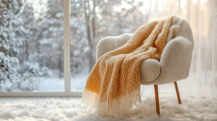 Cozy armchair with orange blanket on fluffy rug by large window overlooking snowy landscape