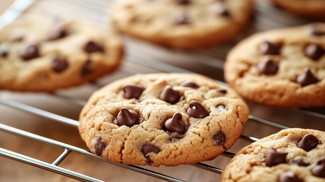 Warm chocolate chip cookies cooling on a wire rack