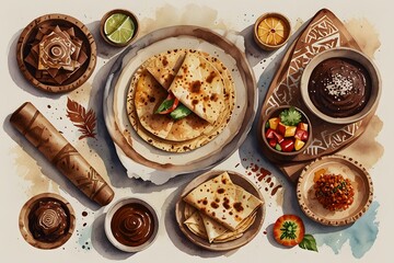 Aztec food spread in watercolor style