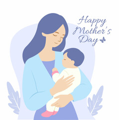 Happy Mothers Day. Mother's day greeting card. Vector banner with mother holding baby in pastel colors. Soft illustration with leaves and abstract background. Elegant typography on white background.