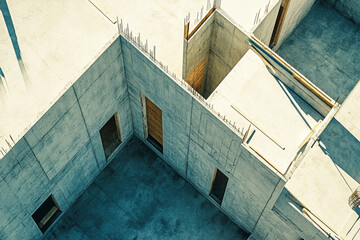 Fototapeta premium Concrete structure emerges in residential landscape showcasing modern house construction from above