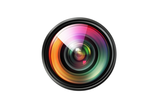 colorful camera lens with reflective glass effect isolated on transparent background Generative Ai


