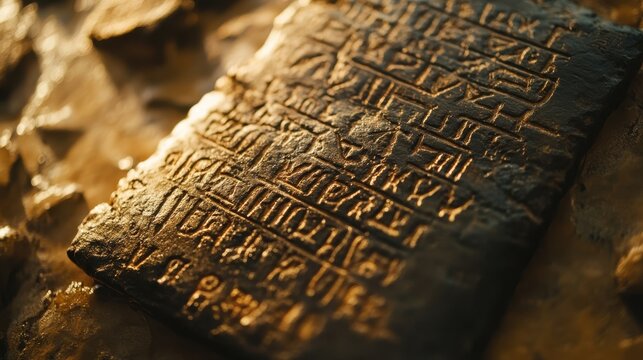 Ancient mesopotamian cuneiform tablet with engravings on stone surface