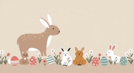 Obraz premium A charming Easter image featuring bunnies and decorated eggs