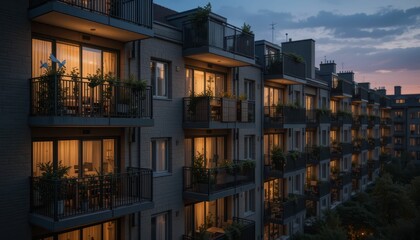 Obraz premium Urban Apartment Building at Dusk with Warm Lights and Balconies