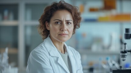 Fototapeta premium A middle-aged Middle Eastern woman in a laboratory, wearing a lab coat and looking serious and focused. She embodies professionalism and dedication to science.