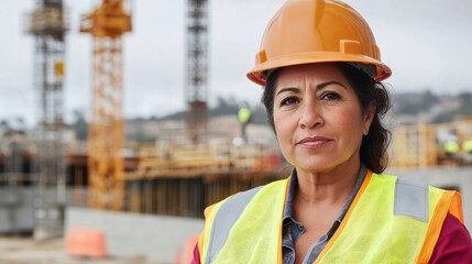 A portrait of a confident middle-aged Latina woman at a construction site, showcasing her professional role in the industry with safety gear and determination.