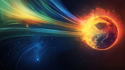 Vibrant cosmic scene depicting a fiery planet with colorful energy trails against a dark starry background.