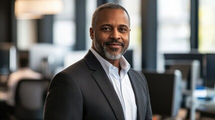 This portrait features a confident middle-aged African American man dressed in a suit, standing in a modern office environment, showcasing professionalism and success.
